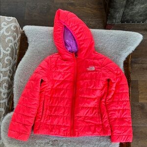 The North Face Girls' Red Hooded Puffer with Purple Lining